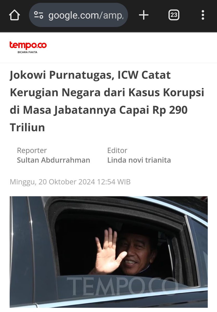 Jokowi purna tugas, ICW catat kerugian negara dr kasus korupsi dimasa jabatannya capai Rp.290 Triliun

Kalau seperti ini, JOKOWI  ikut bertanggung jawab atau tidak ?

Demikian jg Revisi UU KPK  justru melemahkan KPK dlm pemberantasan korupsi &amp; ini sangat merugikan negara.
Piye?