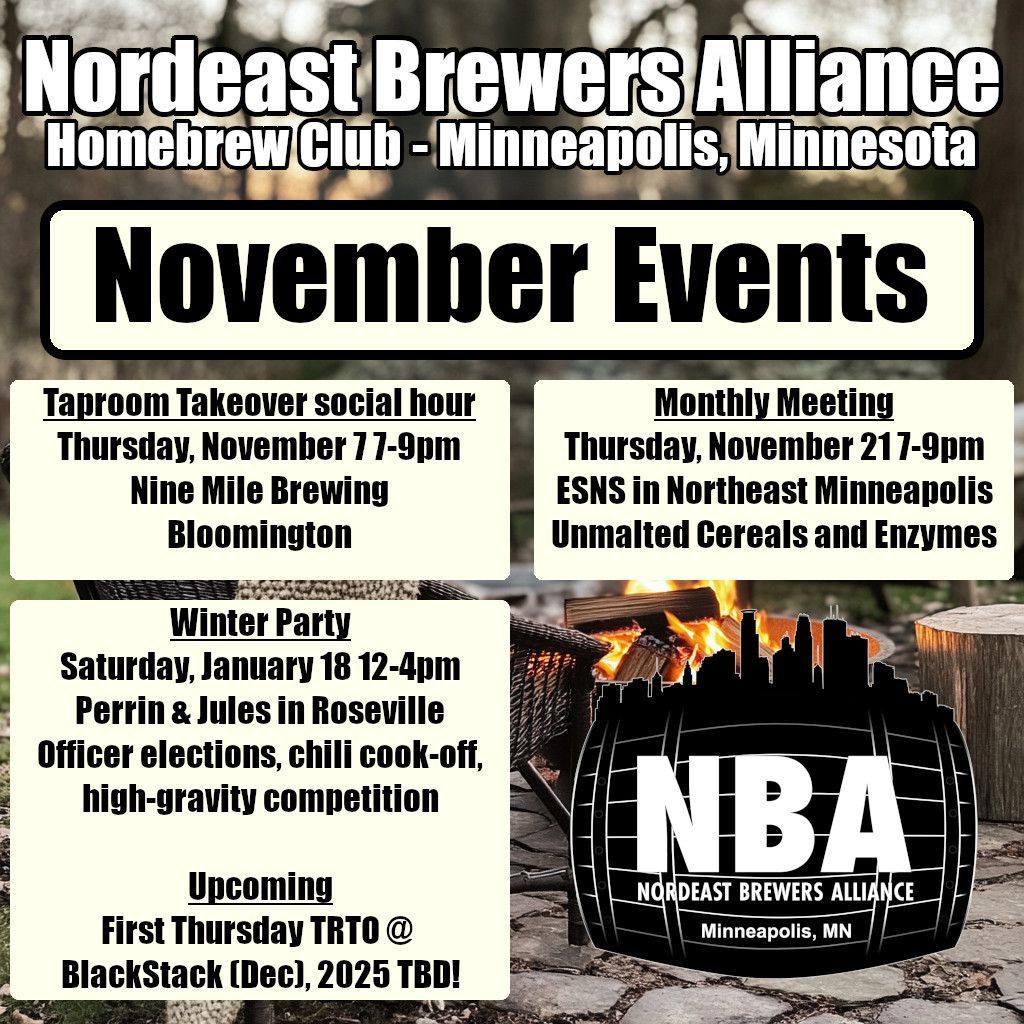 A couple November notes: Check out NBABrewComp.com at NOON CENTRAL today. Meet at Nine Mile Brewing next week. Learn about cereals and enzymes later. All good stuff happening this month. 😎
#mnbeer #homebrewing #homebrewclub
