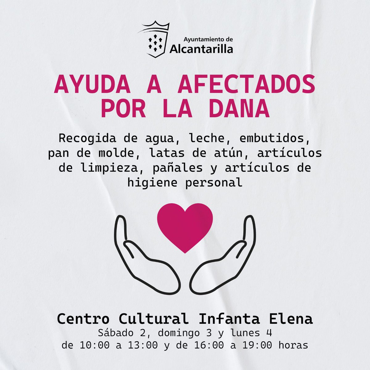 ⛑️Ayuda a damnificados por la DANA. Es necesario UNICAMENTE lo que indica el cartel, no se recogen ropa ni mantas hasta que sea necesario
📍CCIE, sábado, domingo y lunes de 10h a 13h y de 16h a 19h
💌Colaborar económicamente: murcia@cruzroja.es presidencia.murcia@cruzroja.es