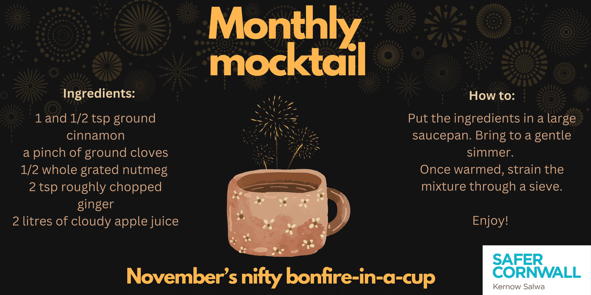 With Bonfire night just around the corner why not have your own mini celebration with November's Nifty Bonfire-in-a-cup 

All our other mocktails can be found our website safercornwall.co.uk/monthly-mockta…

#monthlymocktails