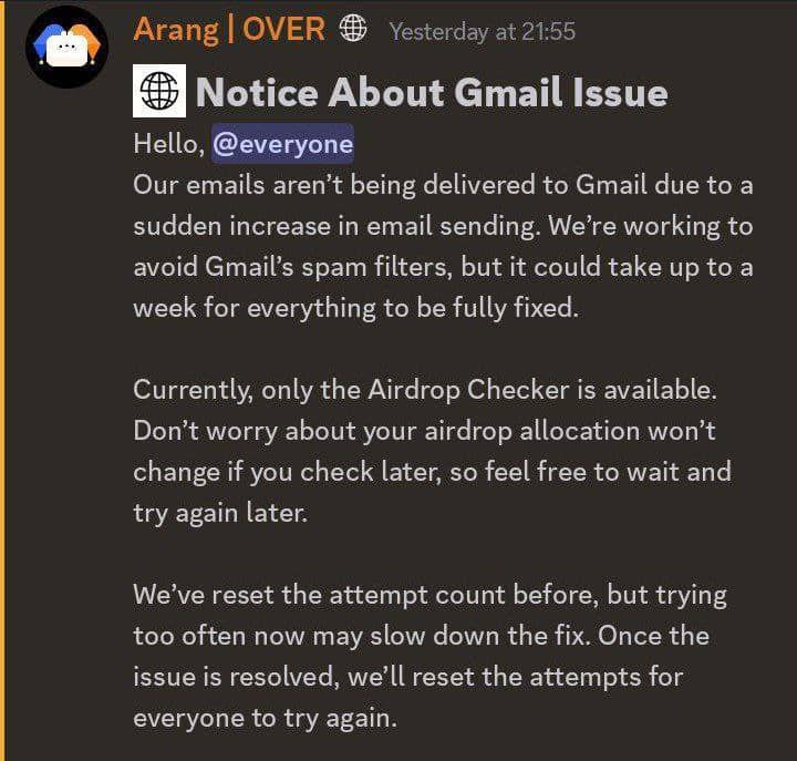 Dear #OverProtocol community members, if you are using Gmail and haven't seen your airdrop allocation, please take note of the message in the screenshot below. The team are working tirelessly to resolve the issue.