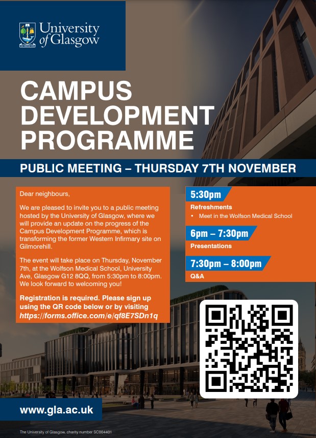 📢West End neighbours: you're invited to our upcoming Community Engagement Event on 7th November!

Come along to hear about our <a href="/UofGlasgow/">University of Glasgow</a> campus development programme, transforming the former Western Infirmary site. 

You can sign up to attend here➡️ bit.ly/3ApRKEO