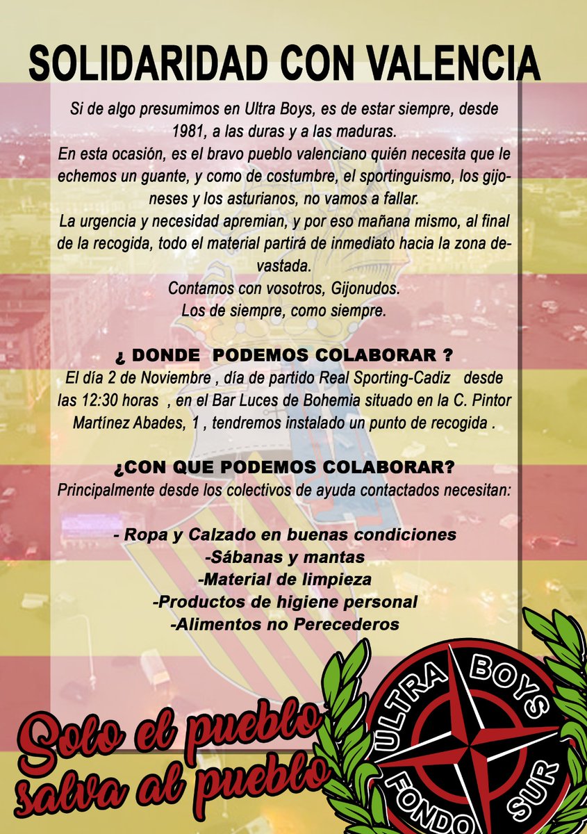 ULTRASGIJON's tweet photo. Juntos, somos más fuertes.

Colabora, comparte y difunde.
El sportinguismo nunca falla, y menos en los malos momentos.

Agradecer públicamente al equipo de @tacticalporn hacerse cargo del transporte hasta Valencia del material recogido.
Gente normal haciendo cosas grandes.🤝 https://t.co/WHMzGfPhIG