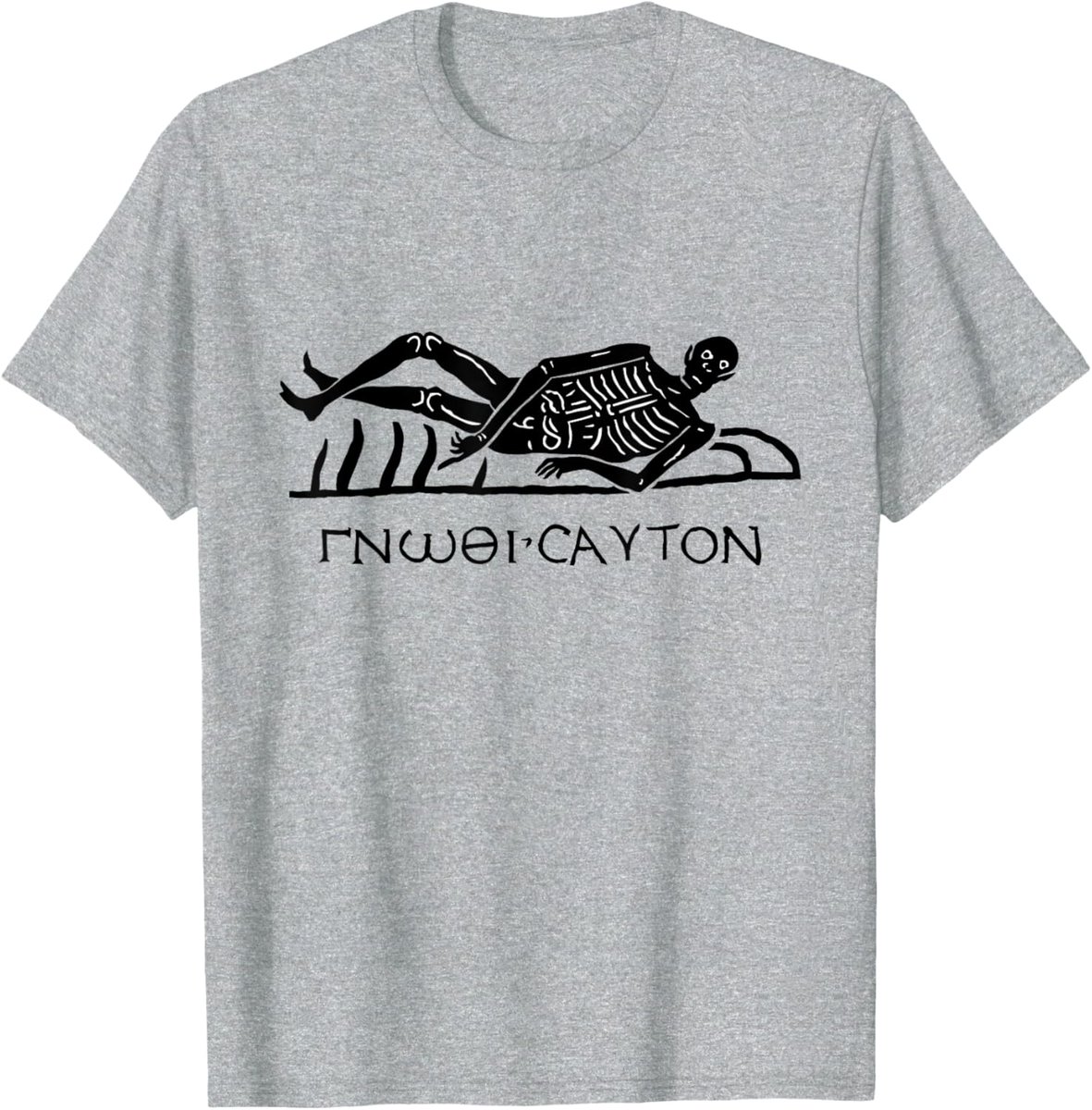 Know Thyself Memento Mori T-Shirt.  The design was inspired by the ancient Roman mosaic on display in the baths of Diocletian (Thermae Diocletiani) in Rome, Italy.  

The skeleton in the design points to two words translated as 'Know thyself', an aphorism which, according to the