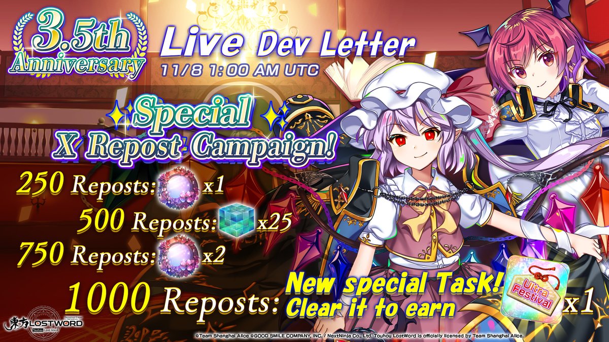 Our 3.5th Anniversary Live Dev Letter is coming on Nov 8, 1:00 am UTC! (Nov 7, 5:00 pm PST, 8:00 pm EST)🎉

A special occasion calls for a special Repost Campaign! If we pass 1000x Reposts, a special Task will be added at a later date! If you clear it, you can earn an Ultra