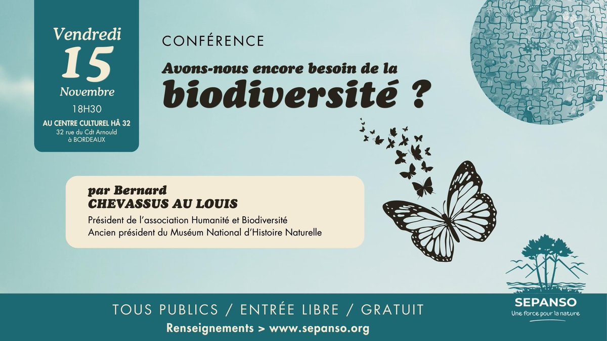 #SaveTheDate 
La SEPANSO Aquitaine, gestionnaire de la Réserve, organise une conférence sur une thématique plus que jamais d'actualité : "Avons-nous encore besoin de la #biodiversité ?"

ℹ️ sepanso.org/conference-avo…