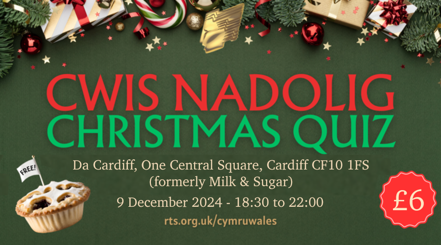 Our world-famous (well, Cardiff-famous) Christmas Quiz is back in December at a new location in the City Centre. It's a fun TV-related quiz, with prizes, and the entry fee includes a drink and a mince pie. And there is a bar!

rts.org.uk/event/rts-cymr…