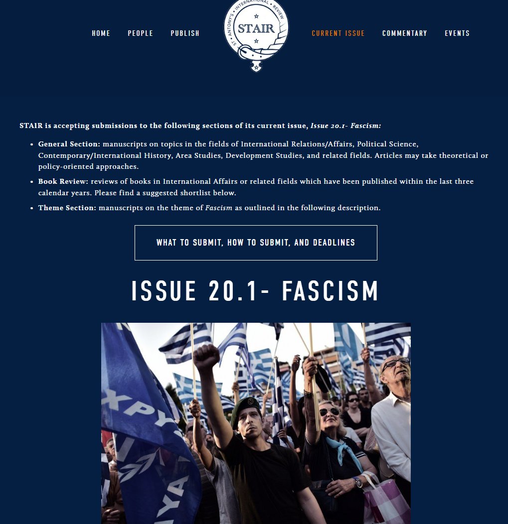 Andreas Umland (@umlandandreas) on Twitter photo Call for papers by the "St. Antony's International Review" of St <a href="/StAntsCollege/">St Antony's College, University of Oxford</a>, <a href="/UniofOxford/">University of Oxford</a>:
stairjournal.com/issue201
<a href="/FascismJournal/">Fascism. Journal of Comparative Fascist Studies</a> <a href="/HNationalism/">H-Nationalism</a> <a href="/ChroniclingRWE/">Chronicling Right-Wing Extremism</a> <a href="/randvnetwork/">Radicalism and Violence Research Network</a> <a href="/CrexUiO/">C-REX (@crexuio.bsky.social)</a> <a href="/SRadicalOnline/">SiRO (Studies in Radicalism Online)</a> <a href="/Wi__REX/">Wissensnetzwerk Rechtsextremismusforschung</a> <a href="/ExtremAndDemBks/">Extremism&Democracy</a> <a href="/ecpr_ed/">ECPR SG Extremism & Democracy</a> <a href="/KomRex_UniJena/">KomRex</a> <a href="/IU_ZRP/">Zentrum für Radikalisierungsforschung & Prävention</a> <a href="/iia_trier/">Interdisziplinäre Antisemitismusforschung Trier</a> Call for papers by the "St. Antony's International Review" of St <a href="/StAntsCollege/">St Antony's College, University of Oxford</a>, <a href="/UniofOxford/">University of Oxford</a>:
stairjournal.com/issue201
<a href="/FascismJournal/">Fascism. Journal of Comparative Fascist Studies</a> <a href="/HNationalism/">H-Nationalism</a> <a href="/ChroniclingRWE/">Chronicling Right-Wing Extremism</a> <a href="/randvnetwork/">Radicalism and Violence Research Network</a> <a href="/CrexUiO/">C-REX (@crexuio.bsky.social)</a> <a href="/SRadicalOnline/">SiRO (Studies in Radicalism Online)</a> <a href="/Wi__REX/">Wissensnetzwerk Rechtsextremismusforschung</a> <a href="/ExtremAndDemBks/">Extremism&Democracy</a> <a href="/ecpr_ed/">ECPR SG Extremism & Democracy</a> <a href="/KomRex_UniJena/">KomRex</a> <a href="/IU_ZRP/">Zentrum für Radikalisierungsforschung & Prävention</a> <a href="/iia_trier/">Interdisziplinäre Antisemitismusforschung Trier</a>