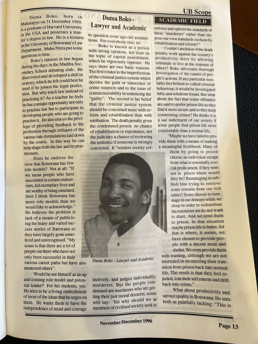 SiphoShowa's tweet photo. At the then @UBBotswana student publication UB Scope in 1996, we reproduced this interview with the President-Elect of the Republic of Botswana Adv.  @duma_boko . He was interviewed by Mabu Nteta, now Managing Director of Sechaba Brewery Holdings Limited. https://t.co/JNhcl5dvdw