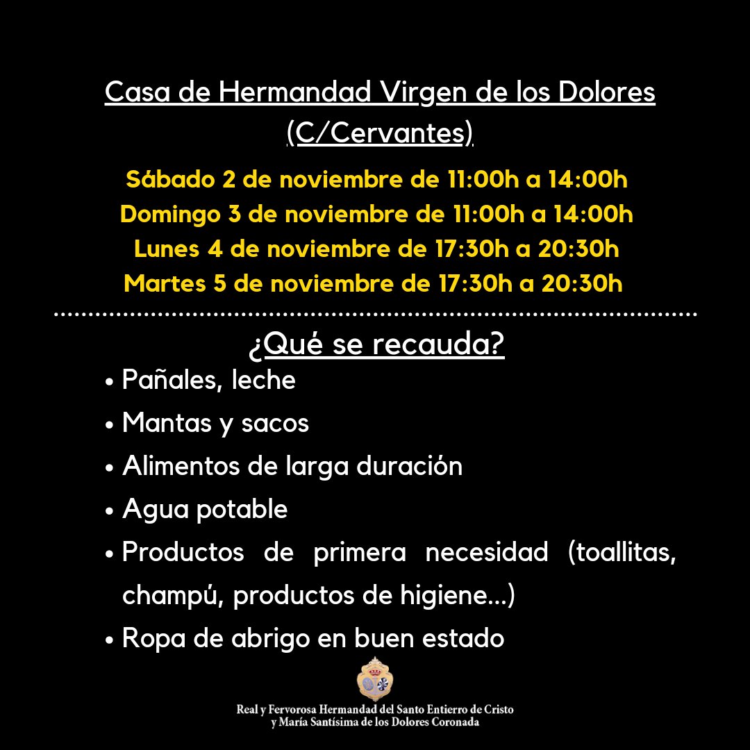 Desde nuestra Hermandad, no podemos ni debemos quedarnos parados. 

Desde mañana por la mañana, miembros de la Junta de Gobierno junto con el Grupo Joven, recogerán en nuestra Casa de Hermandad, todos aquellas donaciones que el pueblo de #LaRoda quiera realizar. 

¡Nos necesitan!