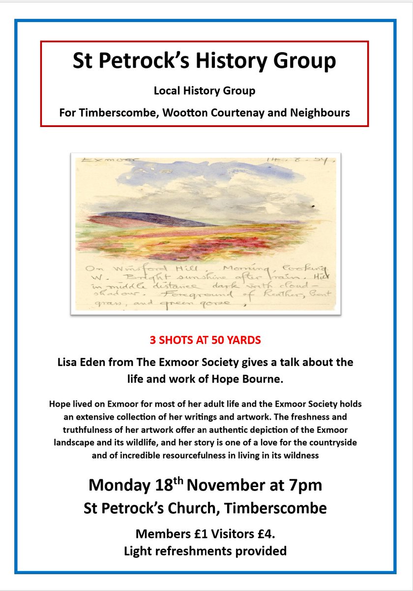 Timberscombe_V's tweet photo. #Exmoor legend #HopeBourne #historygroup talk at #stpetrockstimberscombe TA24 7TP by #ExmoorSociety archivist Lisa Eden. All welcome 18th November at 7pm Members £1 Visitors £4. Refreshments. https://t.co/5sI0DKvn39