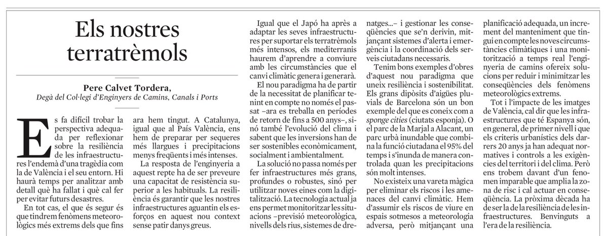 ✏️Els nostres terratrèmols

Article del degà, <a href="/Pere_Calvet/">Pere Calvet Tordera</a>, sobre com afrontar els fenòmens meteorològics extrems. L’enginyeria ha de dotar les ciutats, el territori i les infraestructures de la resiliència suficient per adaptar-les a la nova realitat climàtica.

📰<a href="/LaVanguardia/">La Vanguardia</a>