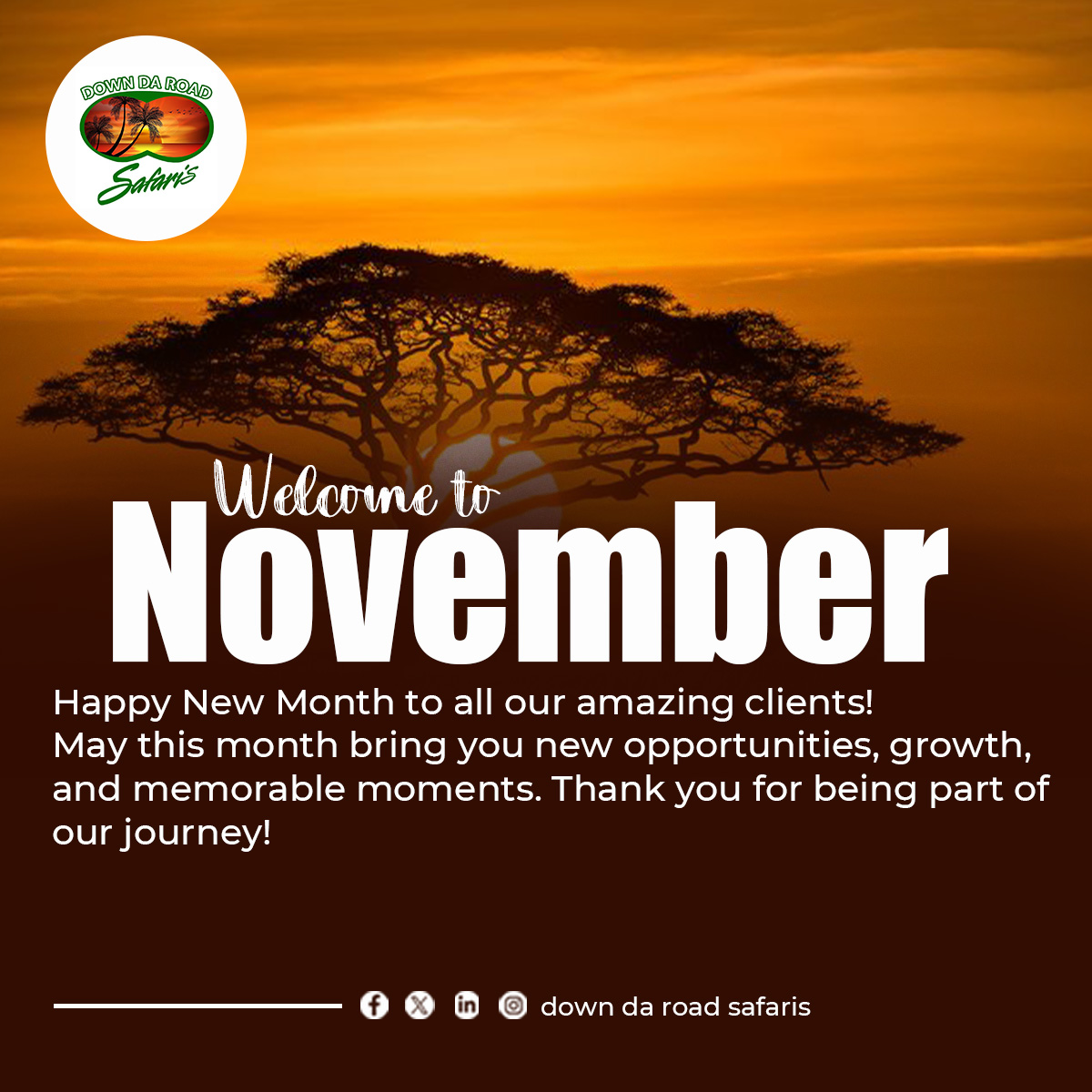 DaSafaris's tweet photo. Happy New Month! 🌍
As we step into November, let’s celebrate the beauty and diversity of our world. Tourism isn’t just about places; it’s about discovering perspectives, connecting with cultures, and cherishing each journey. Here’s to more adventures and unforgettable memories! https://t.co/wvYKoYlzU4