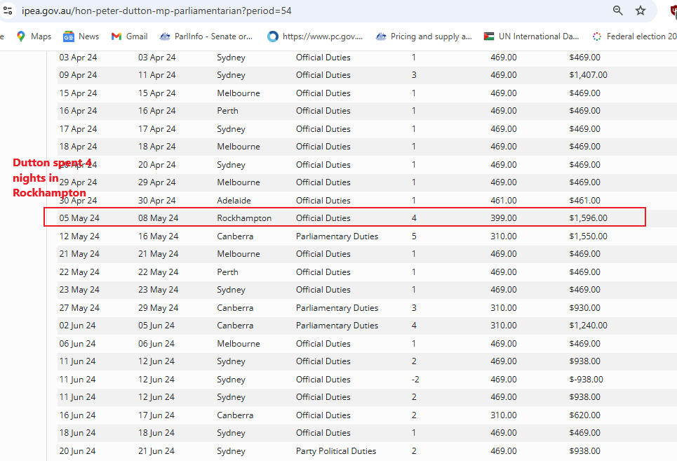 BelindaJones68's tweet photo. I noticed something odd 

Dutton spent 4 nights in Rocky for Beef Week 2024 - May this year - see IPEA travel allowance claim👇

Weird thing is...he didn't claim flights 👇

How did he get to Rocky &amp; back?

Whose plane did he use?

7hr drive, can't imagine he drove
🐝
#auspol https://t.co/DmJLx8MMgR
