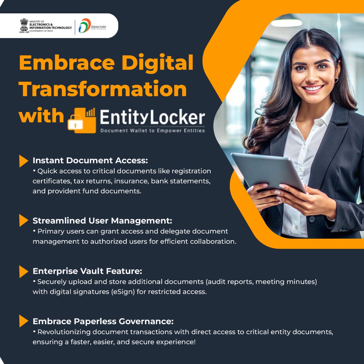 digilocker_ind's tweet image. Embrace Digital Efficiency with Entity Locker!
Access vital documents instantly, streamline user management, securely store additional files with eSign, and simplify document transactions for seamless, paperless governance. #EntityLocker #DigitalIndia