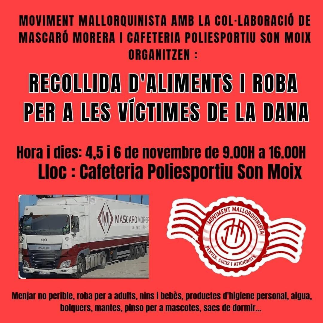 Des de la penya volem dur a terme una recollida d'aliments 🥫 i roba que podreu entregar a Sa Piscina, la nostra seu, en horari obert fins al pròxim dimecres fins al migdia. 

Una vegada finalitzada la recollida, s'entregarà a Son Moix a <a href="/MMallorquinista/">Moviment Mallorquinista</a> que farà l'entrega. 🚚