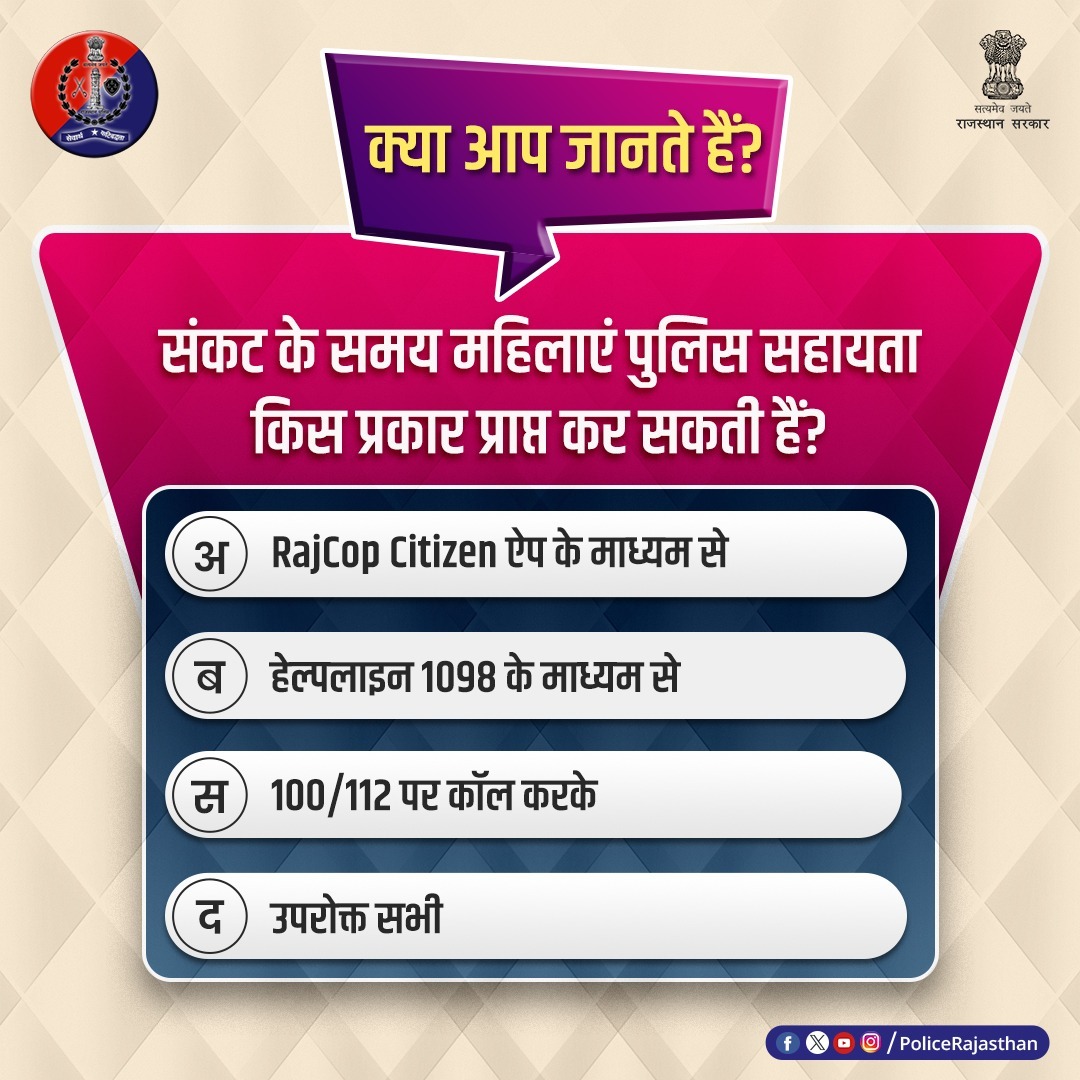 राजस्थान पुलिस महिलाओं की सहायता के लिए हर समय मुस्तैद है। 
संकट के समय महिलाएं पुलिस सहायता किस प्रकार प्राप्त कर सकती हैं?

जवाब कमेंट करके दें।

#RajasthanPolice
#PolicePoll