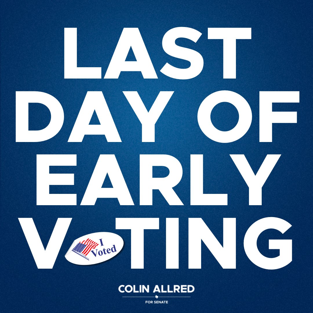Folks, it’s the LAST DAY of early voting! Your voice is so important and it's time to make it heard in this election. Go to mytexasvotes.com to find your nearest polling place and get to the polls 🗳️
