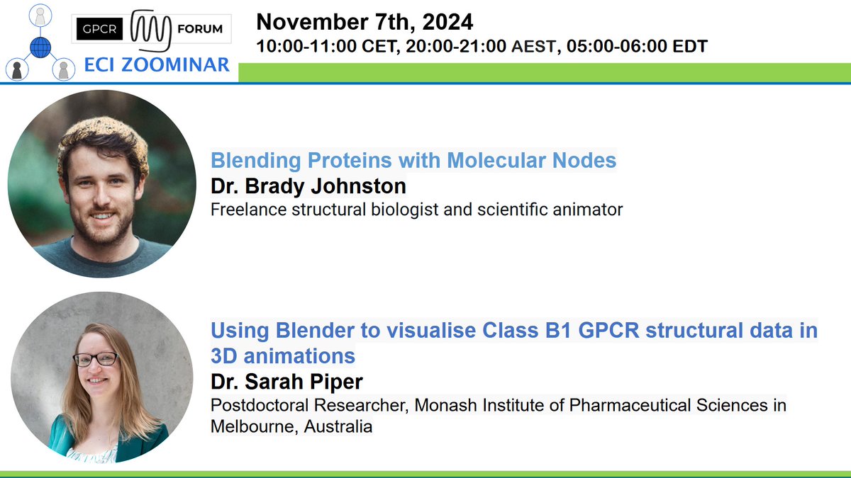GPCR ECI Zoominar (@gpcrzoominar) on Twitter photo The first #GPCR_ECI_Zoominar with speakers from Australia🇦🇺!
Book your agenda for an extraordinary session with two magnificent speakers, <a href="/bradyajohnston/">Brady Johnston</a> and <a href="/SarahJ_Piper/">Sarah Piper</a>, on November 11th at ***10 am CET and 8:00 pm AEST****.
*Ask for the JOIN LINK, if needed.
#GPCR The first #GPCR_ECI_Zoominar with speakers from Australia🇦🇺!
Book your agenda for an extraordinary session with two magnificent speakers, <a href="/bradyajohnston/">Brady Johnston</a> and <a href="/SarahJ_Piper/">Sarah Piper</a>, on November 11th at ***10 am CET and 8:00 pm AEST****.
*Ask for the JOIN LINK, if needed.
#GPCR