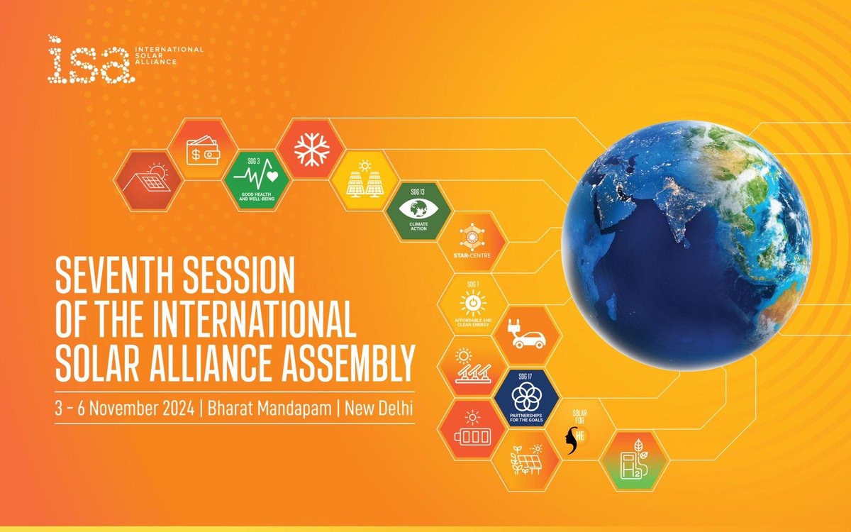 JoshiPralhad's tweet photo. The 7th Session of the @isolaralliance Assembly will be held from November 3-6 at Bharat Mandapam, New Delhi.

It will bring together leaders from 120 member countries, to further initiatives for improved energy access, and clean energy transition. https://t.co/8qEOs6eK11
