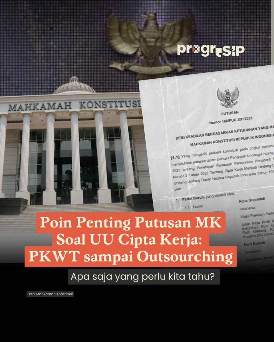 progresip_'s tweet photo. Mahkamah Konstitusi (MK) baru-baru ini mengabulkan sebagian permohonan Partai Buruh dan sejumlah serikat pekerja terkait uji materi UU Cipta Kerja Nomor 6 Tahun 2023.

Apa saja sih poin pentingnya? Dan pasal apa yang berubah dan apa impikasinya? https://t.co/MAZqWPNrjk