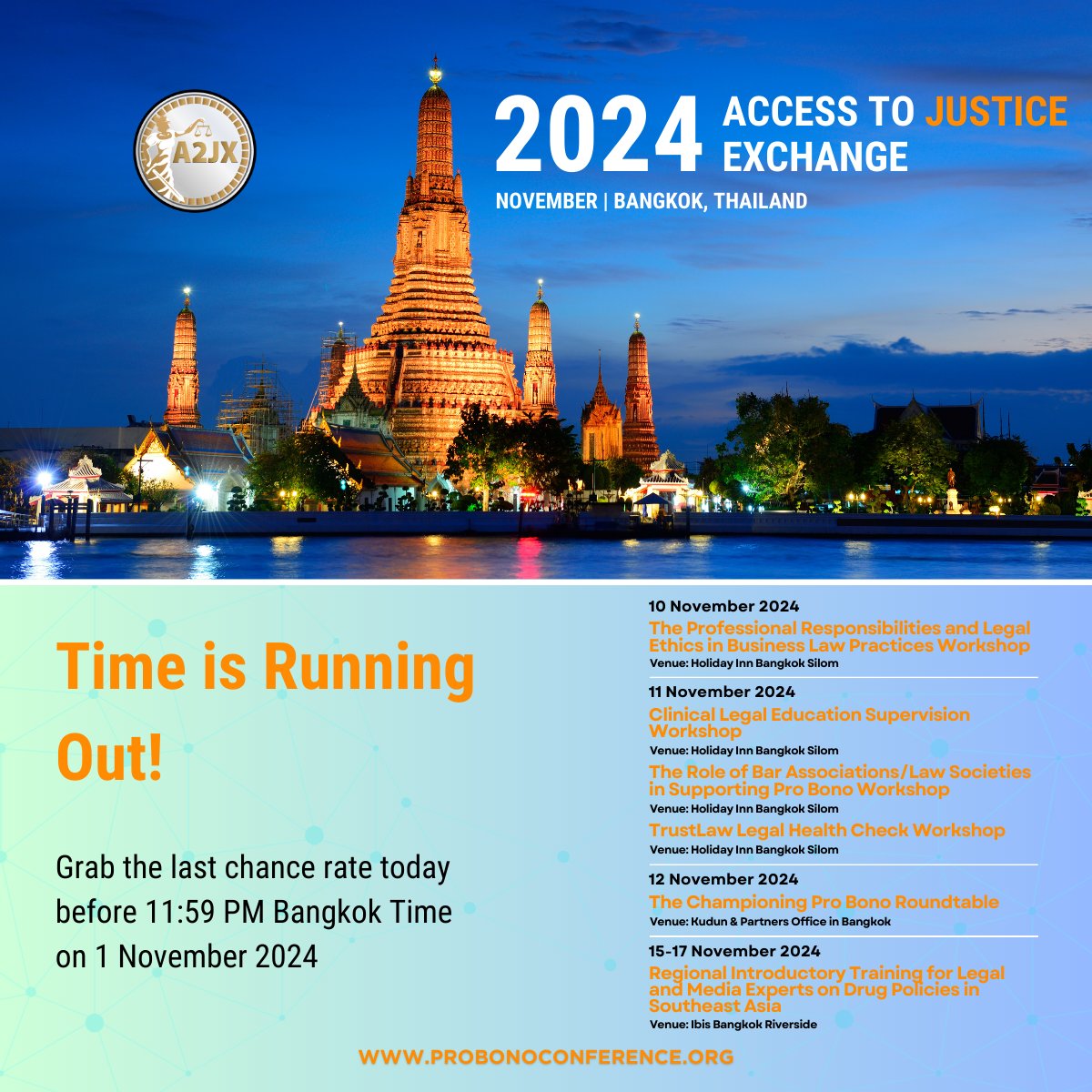 Time is running out to register for the Access to Justice Exchange on 10-12 and 15-17 November 2024. 

Don’t miss this chance to discover diverse legal justice landscapes and inspiring stories that, in turn, will strengthen justice and the rule of law in Asia and internationally.