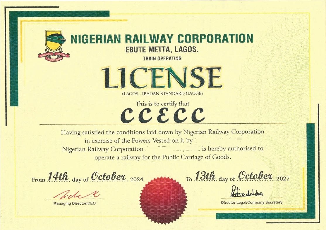 JohnCCECC's tweet photo. New milestone for the Lagos-Ibadan Railway! CCECC has been officially authorized by the Nigerian Railway Corporation to operate railway services for the public carriage of goods, becoming the first company licensed to operate standard-gauge rail freight in Nigeria. https://t.co/PcLtasjNRc