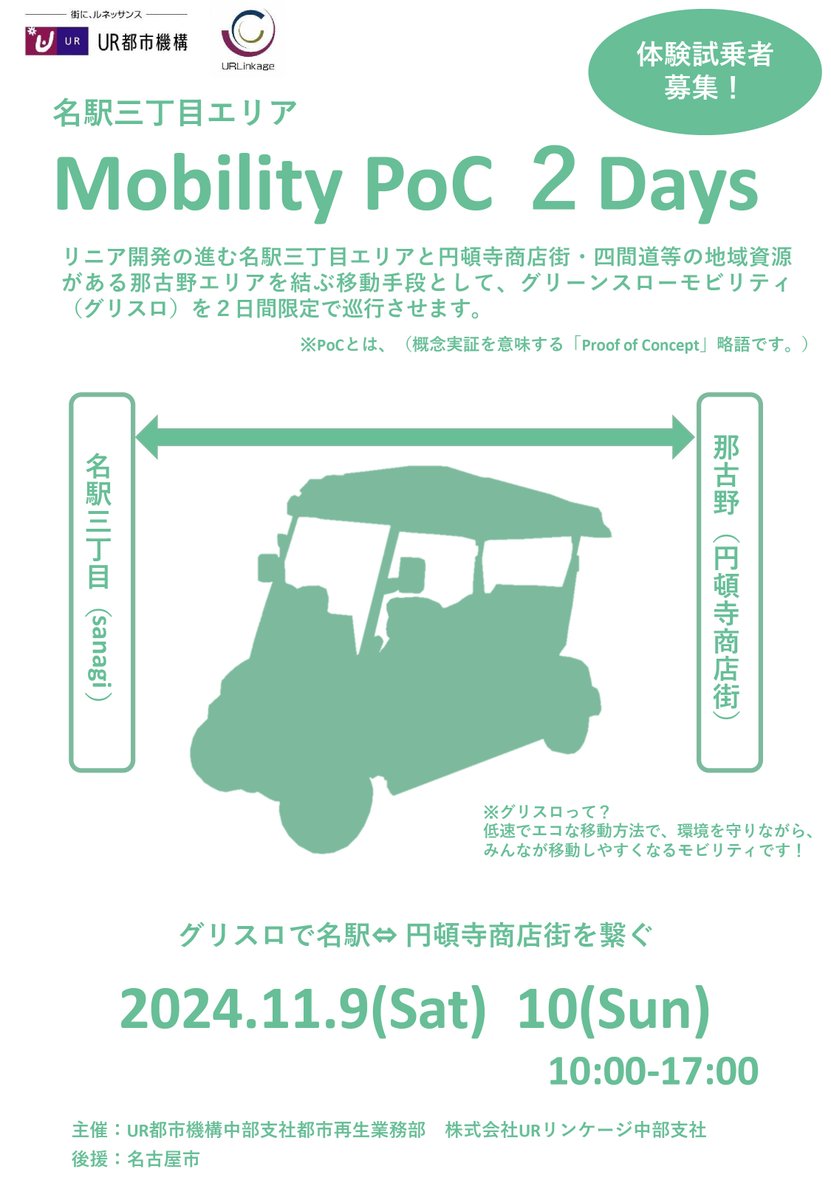 758shi_linearka's tweet photo. 名古屋駅の東側でグリーンスローモビリティ(グリスロ)を 11/9(土)、10(日)2 日間限定で巡行させます！
主催：UR 都市機構、(株)UR リンケージ 
後援：名古屋市
区間：名駅三丁目(sanagi)から那古野(円頓寺商店街入口)
※運行ルート、受付場所等の詳細は、チラシをご確認ください。(体験乗車は要予約) https://t.co/XzgXYQM4Yv