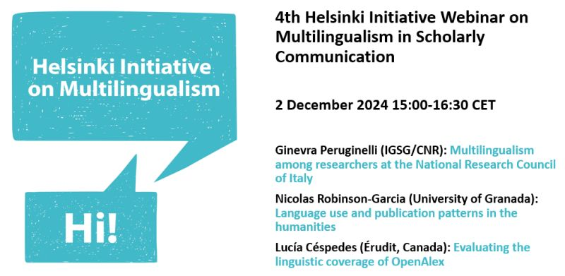 Janne Pölönen @jannepolonen@mstdn.social (@polonenjanne) on Twitter photo 📢 Join Helsinki Initiative Webinar 2 December 2024 15:00-16:30 CET with <a href="/GPeruginelli/">ginevra peruginelli</a>, @nrobinsongarcia & Lucía Céspedes presenting on #multilingualism across STEM and SSH fields and the coverage of publication languages in #OpenAlex.
👉Registration: helsinki-initiative.org/en/events/4th-… 📢 Join Helsinki Initiative Webinar 2 December 2024 15:00-16:30 CET with <a href="/GPeruginelli/">ginevra peruginelli</a>, @nrobinsongarcia & Lucía Céspedes presenting on #multilingualism across STEM and SSH fields and the coverage of publication languages in #OpenAlex.
👉Registration: helsinki-initiative.org/en/events/4th-…