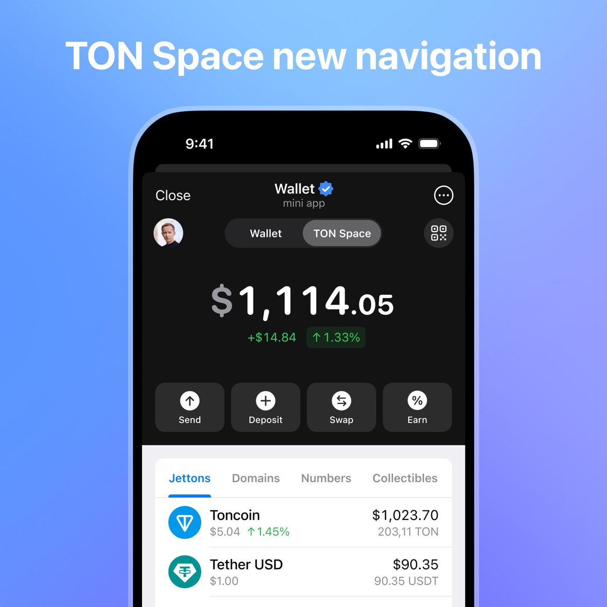 ton_blockchain's tweet photo. Today, @rogozov announced at #TONGateway that TON Space has reached 100M wallets and is preparing to exit its beta phase
Next step, TON Space will feature easier navigation, allowing users to switch between TON Space and @wallet_tg with a simple slider, more⬇️ https://t.co/Lu6oXO2gKT