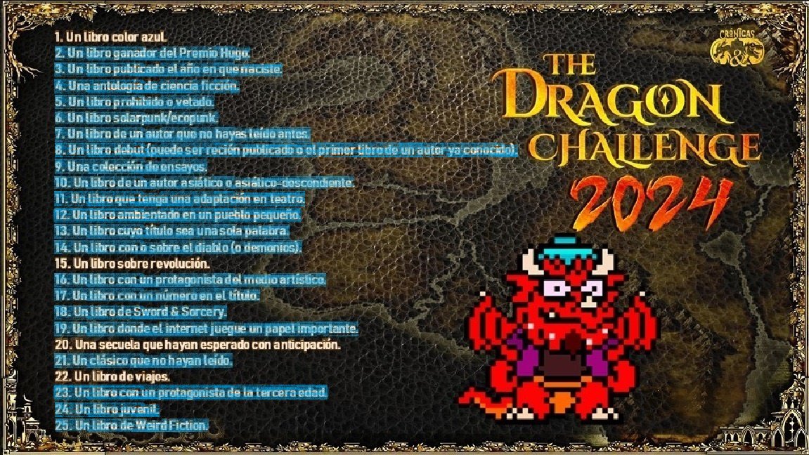 CronicasDyD's tweet photo. ¿Cómo van con su #DragonChallenge 2024? 👀
El #Dragón les trae su actualización mensual de nuestro #RetoDeLectura. En octubre, avanzamos dos categorías:
12. #Pandemonium, de #DarylGregory.
23. #Insomnia, de #StephenKing.
#YoDisfrutoLeer con #CrónicasDyD 🐉📚🦖 https://t.co/tXj2nlxg81