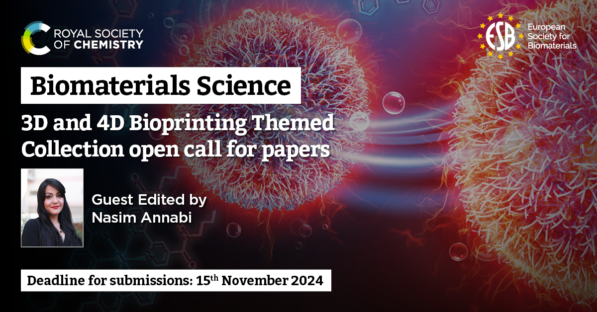 We are accepting papers for our 3D and 4D bioprinting themed collection until 15 November - Get your submissions in soon!   

Find out more about the collection and how to submit here ⬇️ linkedin.com/posts/rscmat_b…  

<a href="/nasimannabi/">Nasim Annabi</a>