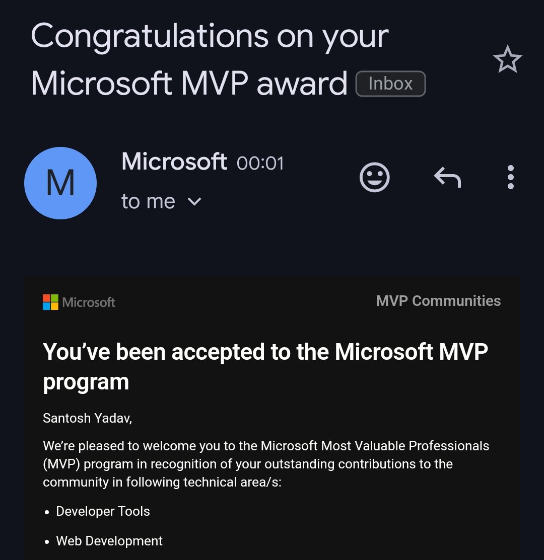 SantoshYadavDev's tweet image. Happy to announce I am an Microsoft MVP for web development and developer tools.