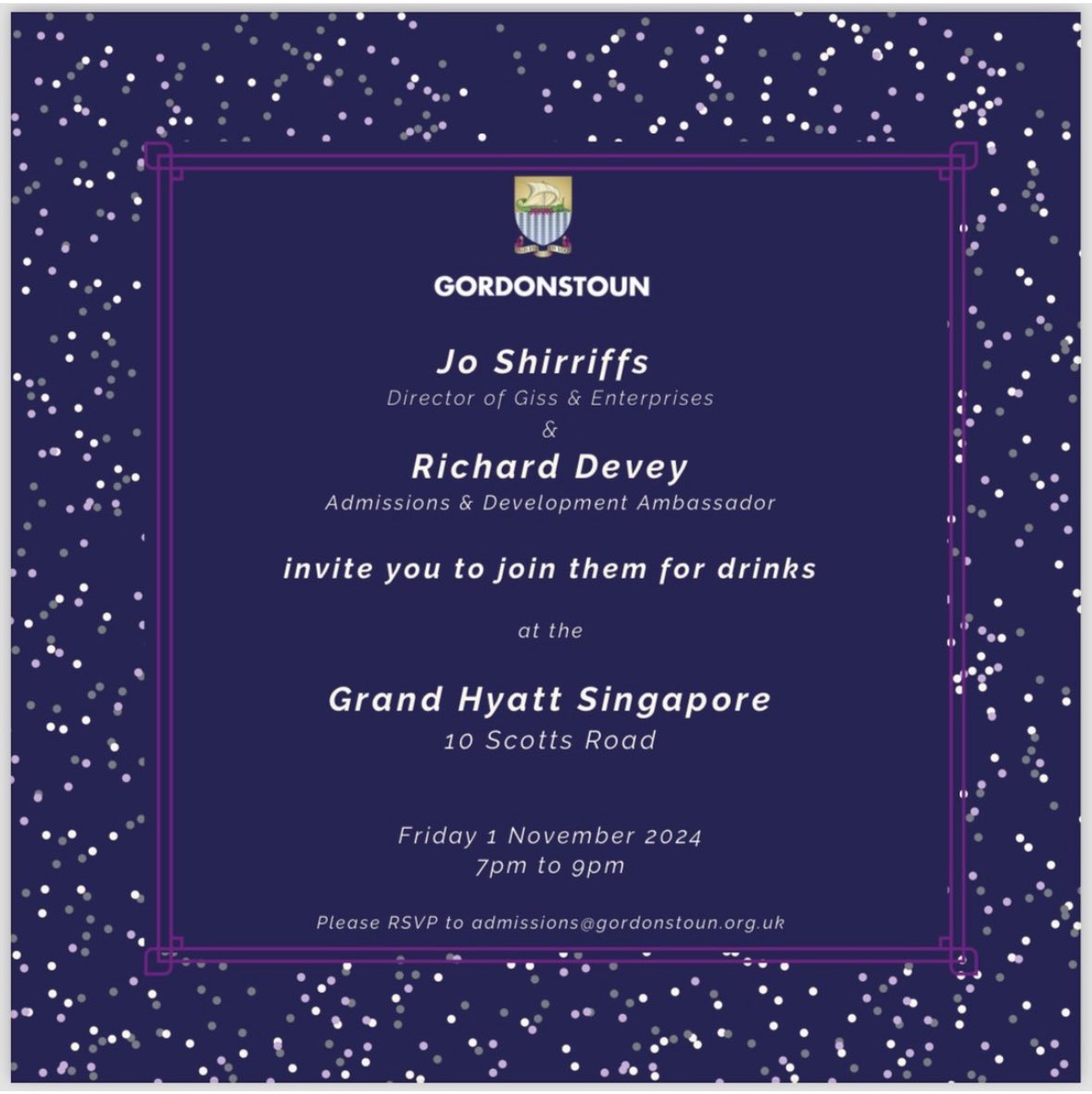 gordonstoun's tweet photo. If you are in Singapore, Jo & Richard would love to see you in the Oasis Bar of the Grand Hyatt tonight for a chat about all things, including all things #Gordonstoun #gordonstouninternationalsummerschool & #gordonstounprep #boardingschool #plusestenvous https://t.co/KODIEf27us
