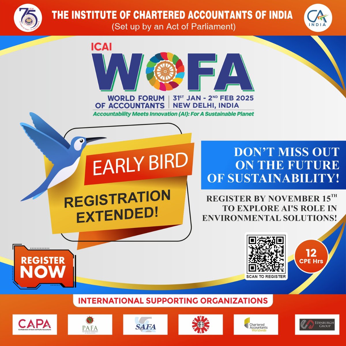 icaigrd's tweet photo. Early Bird Registration for the World Forum of Accountants 2025 has been extended! 
🌍 Don’t miss this chance to join us in New Delhi from Jan 31 - Feb 2 to explore how AI can drive sustainability for a better planet. 🌱
#ICAI #WOFA2025 #Sustainability #Innovation #AI https://t.co/ijLNWOPmJm