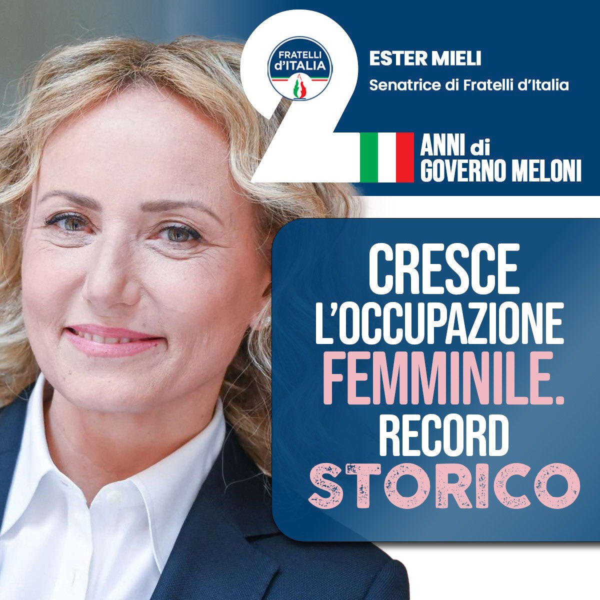 FDI Parlamento (@fdi_parlamento) on Twitter photo Ester Mieli 🔵 Dal mercato del #lavoro arrivano risultati record sull’occupazione femminile in termini assoluti, superando per la prima volta il tetto dei 10 mln di donne che lavorano, frutto dell’impegno del Governo #Meloni.
<a href="/FratellidItalia/">Fratelli d'Italia 🇮🇹</a> Ester Mieli 🔵 Dal mercato del #lavoro arrivano risultati record sull’occupazione femminile in termini assoluti, superando per la prima volta il tetto dei 10 mln di donne che lavorano, frutto dell’impegno del Governo #Meloni.
<a href="/FratellidItalia/">Fratelli d'Italia 🇮🇹</a>