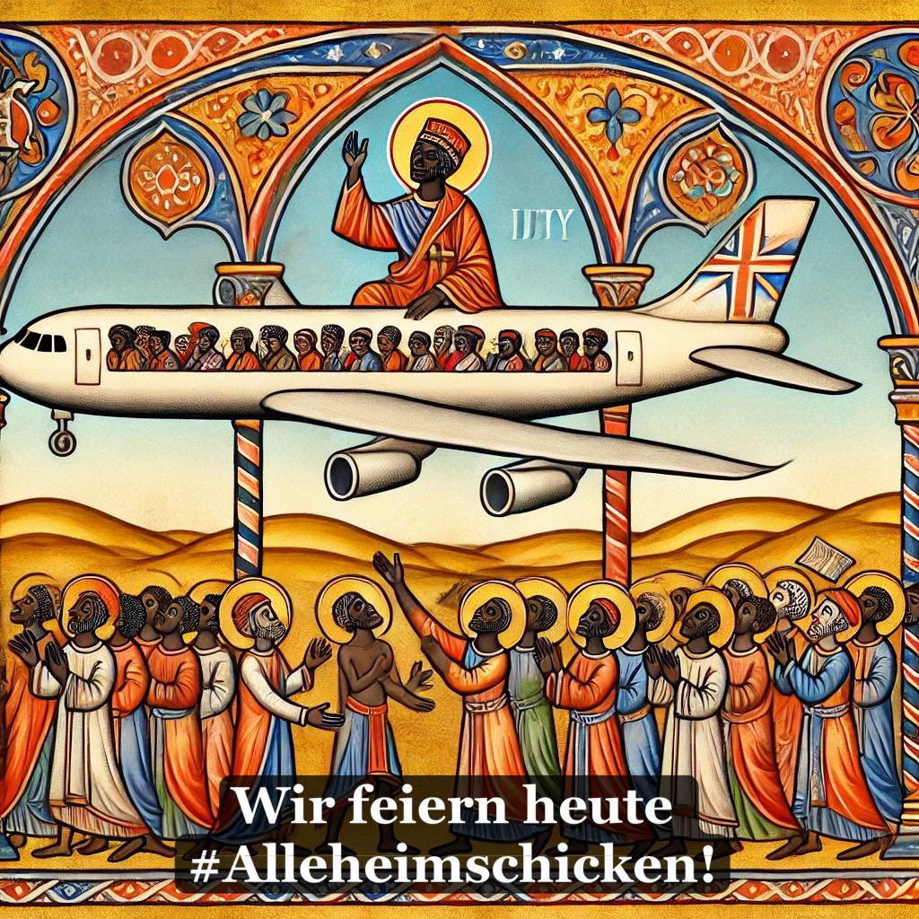 Heute feiern wir eins der höchsten rechten Feste! 

St. <a href="/MohritzDE/">Mohritz</a> hatte die Idee zu #Alleheimschicken und wir sollten diesen Festtag gebührend feiern um uns bei Piloten, Crew, Bodenpersonal aber auch stabilen Polizisten bedanken.🤰🏿💁🏾‍♂️👼🏿❤️🛫 👨‍✈️👩‍✈️