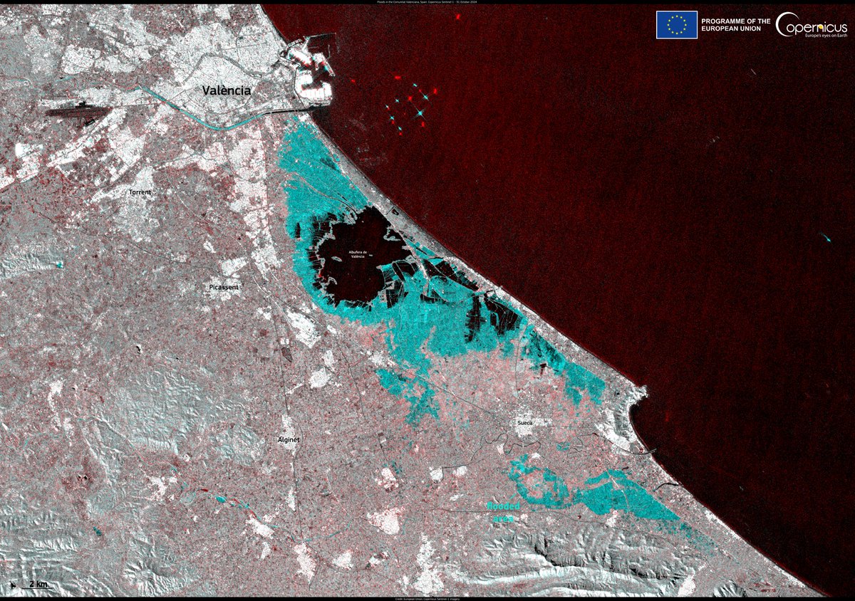 CopernicusEU's tweet photo. Parts of southern and eastern Spain are still reeling from the effects of flash flooding after record rainfall on 29 and 30 October 2024. This #Sentinel1 capture from yesterday shows in blue tones the flooded areas in the area south of Valencia.
Read more:
https://t.co/5XnbCgl6DQ https://t.co/Kga1eVq7lu