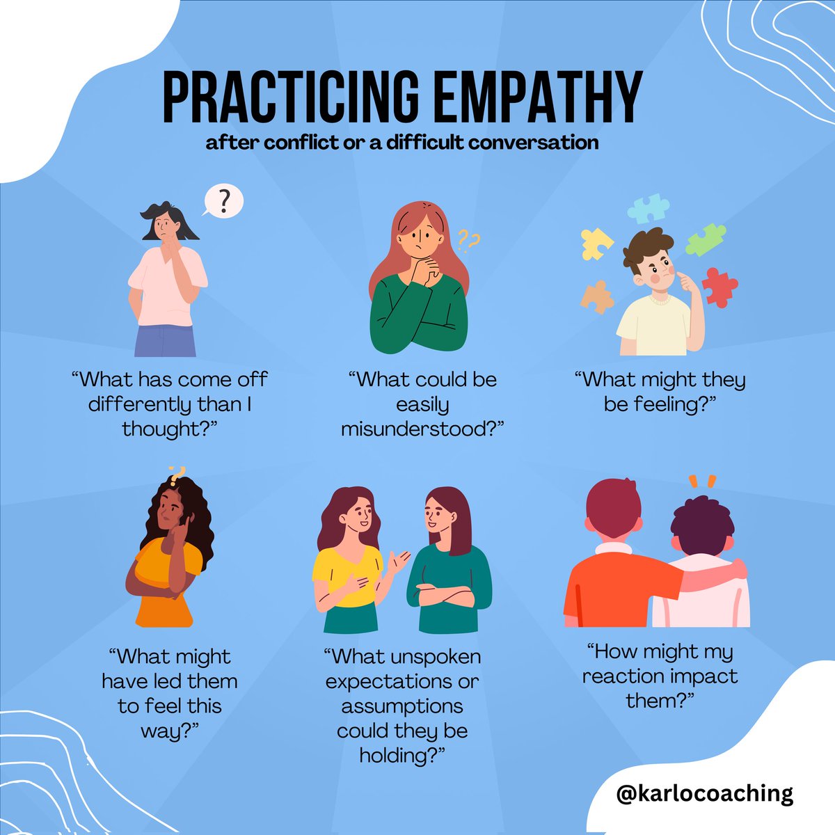 One of EQ's main hallmarks is #empathy. It’s not always easy to show empathy after conflict or a tough conversation, but that’s when it matters most.

Here are some reflective questions to help you 👇
What one question will you take? 
#EQ #relationships #Leadership #conflict