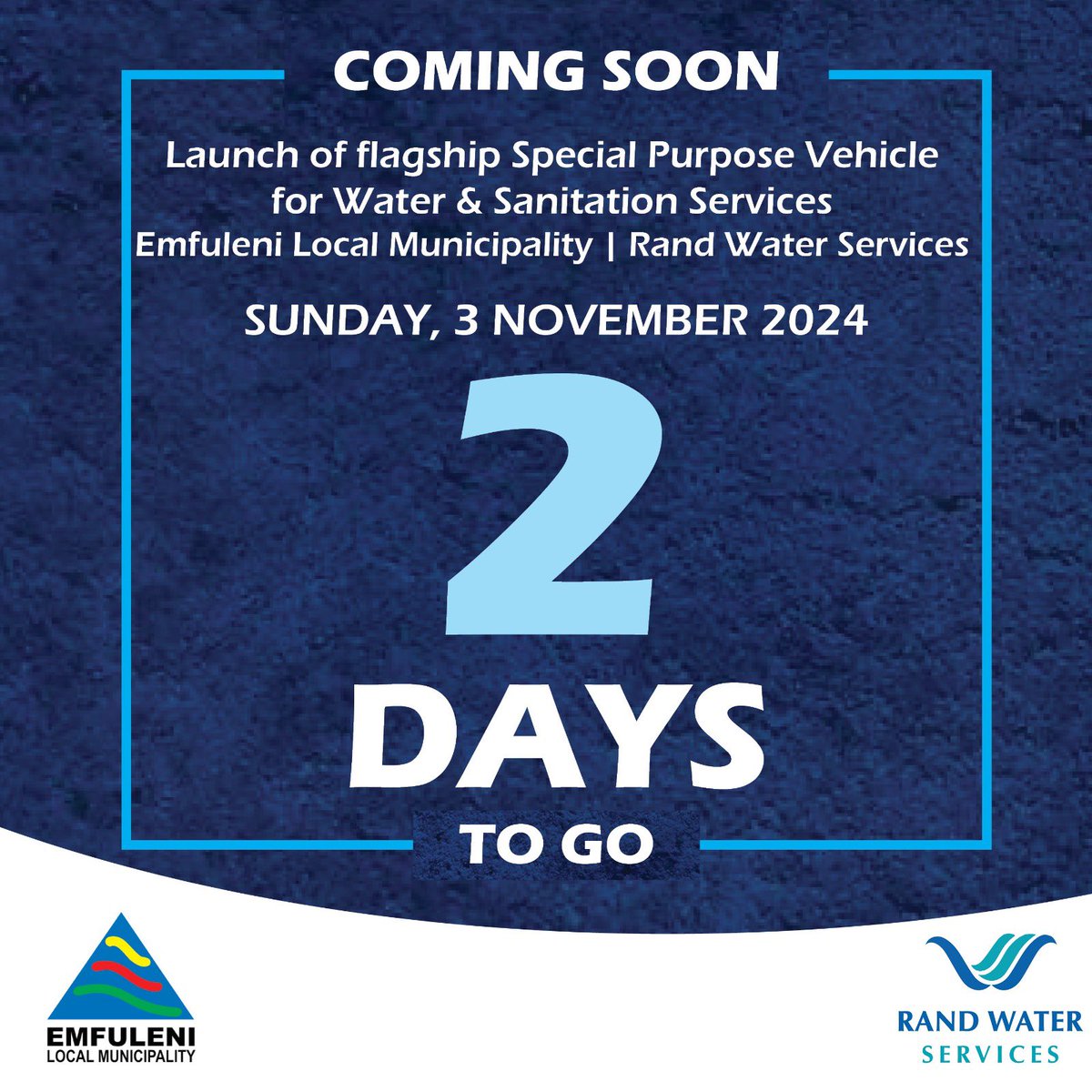 Rand_Water's tweet photo. Countdown to the #ELMSPVLaunch

Only 2 days left until the launch of the Special Purpose Vehicle for Water and Sanitation Services in Emfuleni Local Municipality!

@GautengProvince @EmfuleniLM @DWS_RSA 

#RWStakeholderEngagement #RWServiceDelivery #RWWaterServices [NS] https://t.co/Mo1AqEPl90