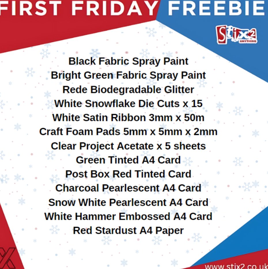 THE FIRST FRIDAY FREEBIE CHRISTMAS SPECIAL COMPETITION IS NOW OPEN!

 #win this Stix2 #Christmascraft Bundle with a retail price of over £25!

How to enter: 
Like and retweet 

The winner  announced on Tuesday 5th of November.

#craftcompetition #craftgiveaway #stix2anything