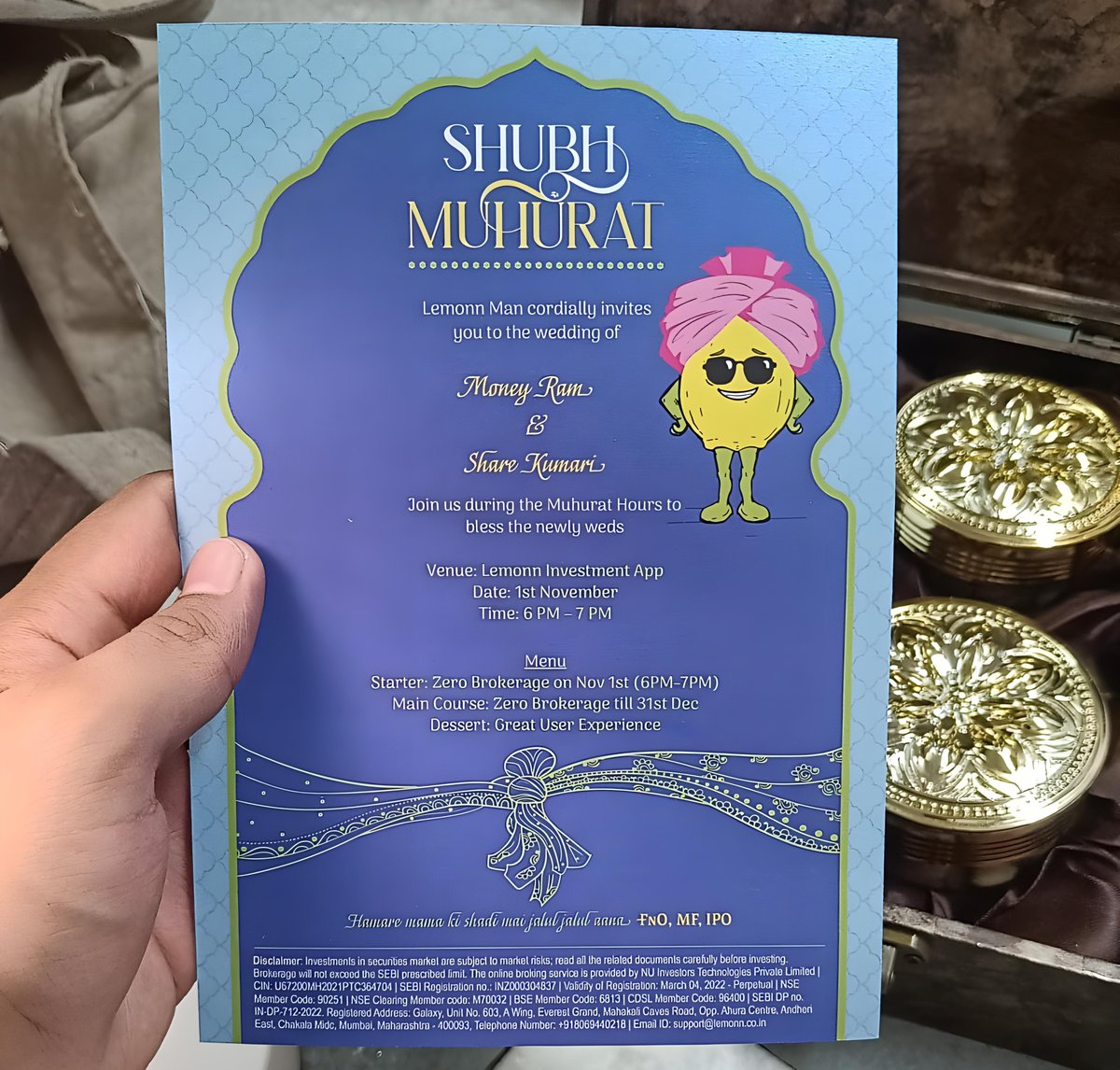 KakulMisra's tweet photo. Received a wedding invitation for Muhurat Trading along with my Grocery Order😭😭 https://t.co/hqiWjggqwJ