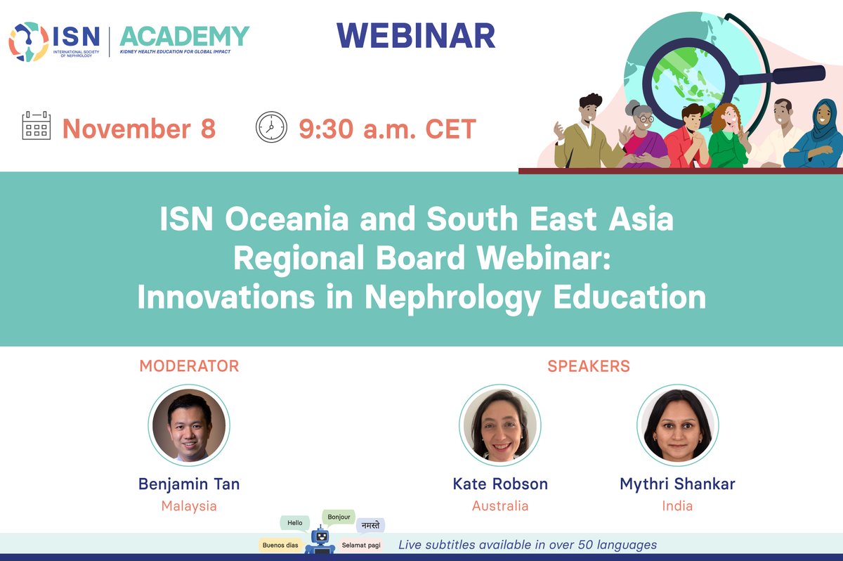 Int Society of Nephrology (@isnkidneycare) on Twitter photo 𝗦𝗔𝗩𝗘 𝗧𝗛𝗘 𝗗𝗔𝗧𝗘 for the ISN Oceania and South East Asia Regional Board Webinar: "Innovations in Nephrology Education"
🗣️ <a href="/nephrologista/">Kate Robson</a>, <a href="/nephromythri/">Mythri Shankar 🇮🇳</a>
👤 <a href="/NephBen/">Benjamin Tan</a>
🗓️ November 8
🕚 9:30 am CET
🔗 Free registration: ow.ly/JQOh50TKXAl 𝗦𝗔𝗩𝗘 𝗧𝗛𝗘 𝗗𝗔𝗧𝗘 for the ISN Oceania and South East Asia Regional Board Webinar: "Innovations in Nephrology Education"
🗣️ <a href="/nephrologista/">Kate Robson</a>, <a href="/nephromythri/">Mythri Shankar 🇮🇳</a>
👤 <a href="/NephBen/">Benjamin Tan</a>
🗓️ November 8
🕚 9:30 am CET
🔗 Free registration: ow.ly/JQOh50TKXAl