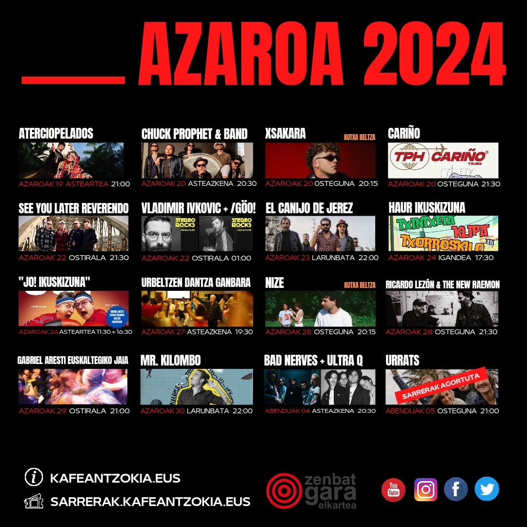 kafeantzokia's tweet photo. Azaroko egitaraua prest! ✔️
🌐info +: https://t.co/YnY5ptKzDi
🎟️ https://t.co/DTCDK6Ack3
#kafeantzokia #musika #kontzertuak #kultura #urria #bilbaoagenda #bilbaoplanes #bilbaokultura https://t.co/2kfPd7nE7W