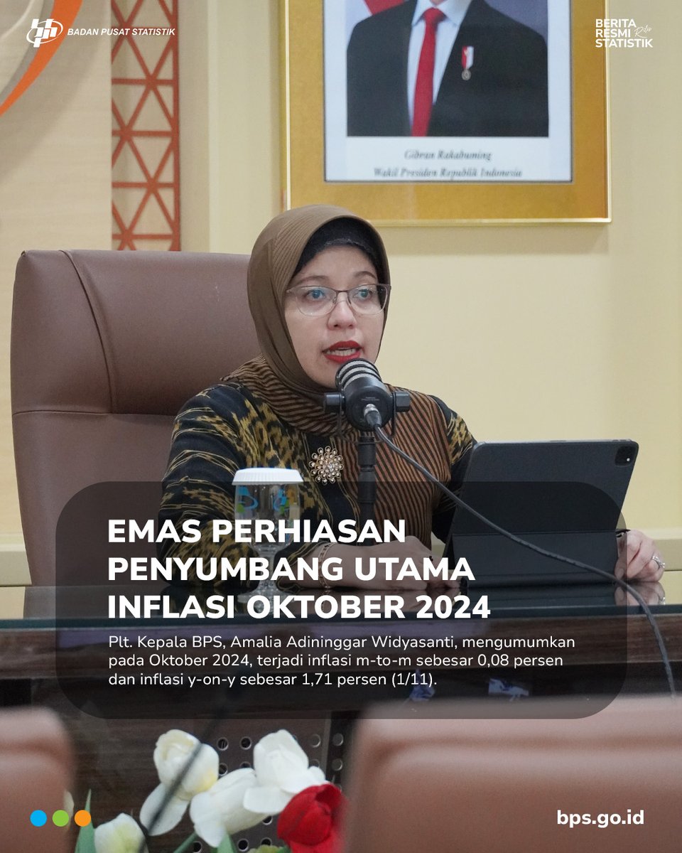 bps_statistics's tweet photo. Emas Perhiasan Penyumbang Utama Inflasi Oktober 2024

Plt. Kepala BPS, Amalia Adininggar Widyasanti, mengumumkan pada Oktober 2024, terjadi inflasi m-to-m sebesar 0,08 persen dan inflasi y-on-y sebesar 1,71 persen (1/11). https://t.co/vKACxHA57O