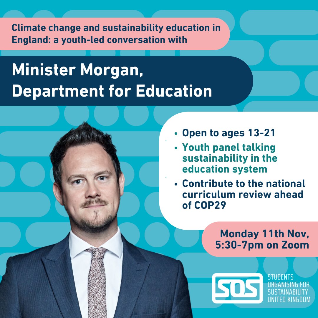 sosukcharity's tweet photo. Are you 13-21 and interested in shaping education in England around climate change and sustainability? Join other young people for our conversation with Minister Stephen Morgan MP from the Department for Education to make your voice heard. 🌿

Register at https://t.co/aYocFI0SKq https://t.co/feXnT6SDVO