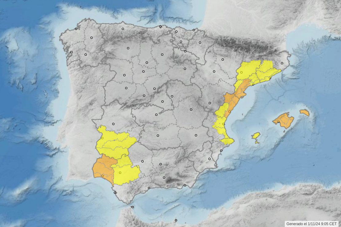 proteccioncivil's tweet photo. Siguen las alertas NIVEL NARANJA🟧hoy viernes 1 de noviembre en #Castellon #Tarragona #Huelva e #IslasBaleares por lluvias 🌧️

⚠️PRECAUCIÓN⚠️

ℹ️ Mantente informado de su evolución en el visor de la Red de Alerta Nacional👉https://t.co/y8MryB3tzS https://t.co/kvAyT28qmL