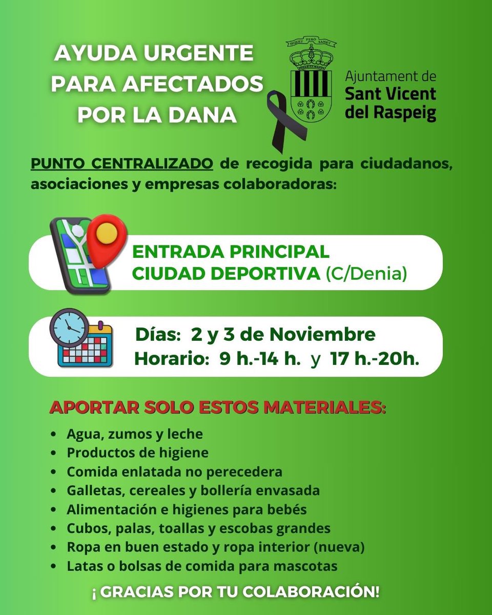 aytoraspeig's tweet image. AYUDA DAMNIFICADOS POR LA DANA 
Desde el Ayuntamiento de San Vicente ponemos a disposición de todos los ciudadanos, asociaciones y empresas colaboradoras un punto para centralizar la entrega de donaciones en la Ciudad Deportiva que permanecerá abierto los días 2 y 3 de noviembre