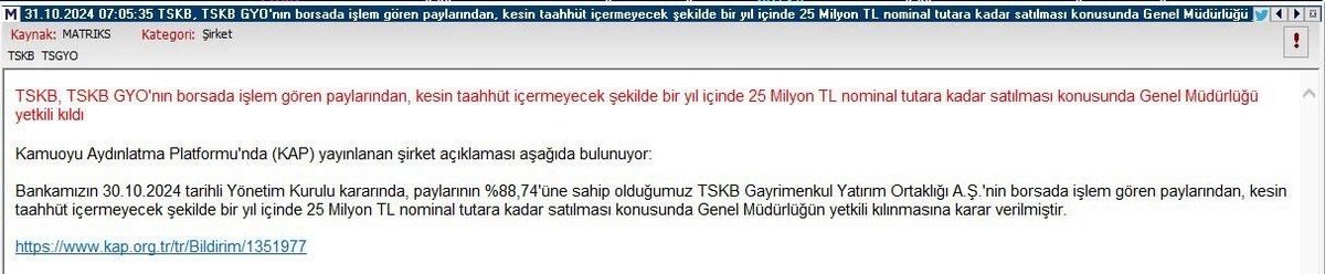 ✅👉#Tsgyo 

✅👉Birde şöyle bir saçmalık var, koskoca şirket, #tskb'nin alt şirketi. 

✅👉Attığı KAP haberinde evcilik oynar seviyesin de daha saçmasını görmediğim bir açıklama.

✅👉"Belki satarız, kesin değil" bahacazzz diye kap'mı atılır laa..❓

✅👉Burada amaç tamamen