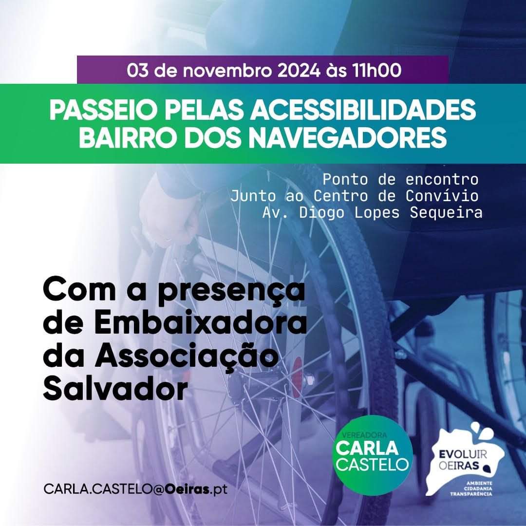 Venham fazer este passeio pelas #acessibilidades connosco e falar do tema no bairro dos Navegadores, em Porto Salvo #Oeiras  no próximo domingo às 11h.
Uma iniciativa conjunta com a Associação <a href="/EvoluirOeiras/">Evoluir Oeiras</a> e a presença de embaixadora da Associação Salvador.